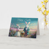 ヴィンテージエレガントイースターバニー少年と女の子 カード (黄色い花)