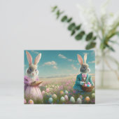 ヴィンテージエレガントイースターバニー少年と女の子 シーズンポストカード (スタンド正面)