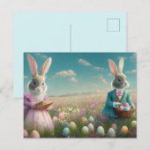 ヴィンテージエレガントイースターバニー少年と女の子 シーズンポストカード (正面/裏面)
