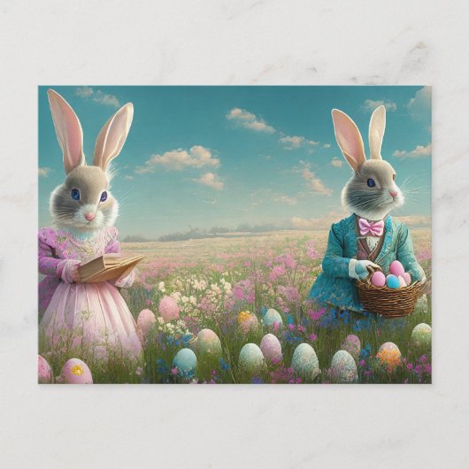 ヴィンテージエレガントイースターバニー少年と女の子 シーズンポストカード (正面)