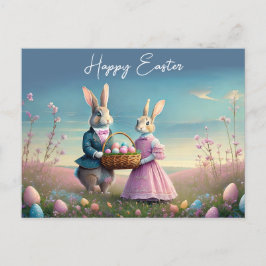 ヴィンテージエレガントイースターバニー少年と女の子 ポストカード