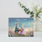 ヴィンテージエレガントイースターバニー少年と女の子 ポストカード (スタンド正面)