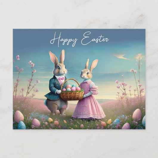 ヴィンテージエレガントイースターバニー少年と女の子 ポストカード (正面)