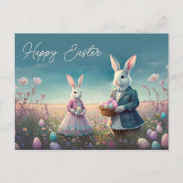 ヴィンテージエレガントイースターバニー少年と女の子 ポストカード