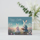 ヴィンテージエレガントイースターバニー少年と女の子 ポストカード (スタンド正面)