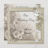 ヴィンテージエレガントウェディングセピアホワイト鳩 招待状 (正面/裏面)