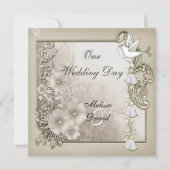 ヴィンテージエレガントウェディングセピアホワイト鳩 招待状 (正面)