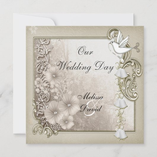 ヴィンテージエレガントウェディングセピアホワイト鳩 招待状 (正面)