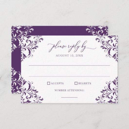 ヴィンテージエレガントウェディングプラムパープル 出欠カード (正面/裏面)