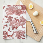 ヴィンテージエレガントウッドランドキツネラビットレッドトワール キッチンタオル (四つ折り)
