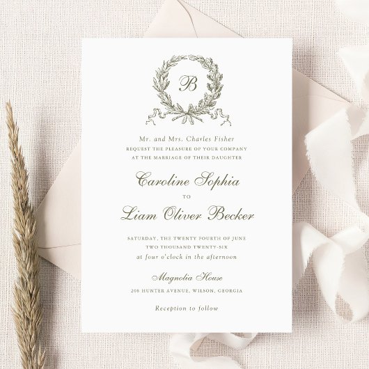 ヴィンテージエレガントオリーブオークリースモノグラム結婚ズ 招待状
