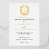 ヴィンテージエレガントオリーブリーフ結婚リース金ゴールド 箔招待状 (正面)