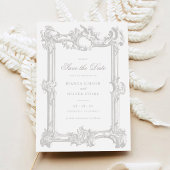 ヴィンテージエレガントオーナメントフレーム結婚式のSave Date 招待状