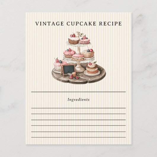 ヴィンテージエレガントカップケーキペストリーストライプのレシピカード (正面)