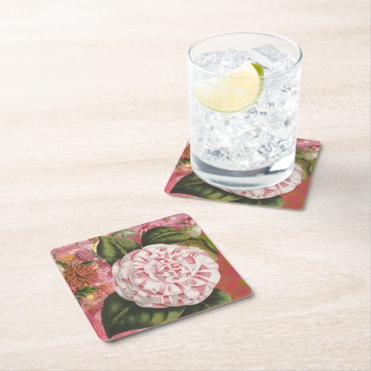 ヴィンテージエレガントカメリアフローラコラージュ スクエアペーパーコースター (インサイチュ)