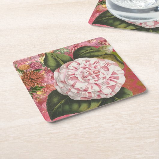 ヴィンテージエレガントカメリアフローラコラージュ スクエアペーパーコースター (アングル)