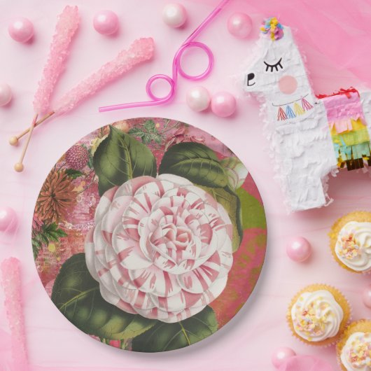 ヴィンテージエレガントカメリアフローラコラージュ ペーパープレート (パーティー)