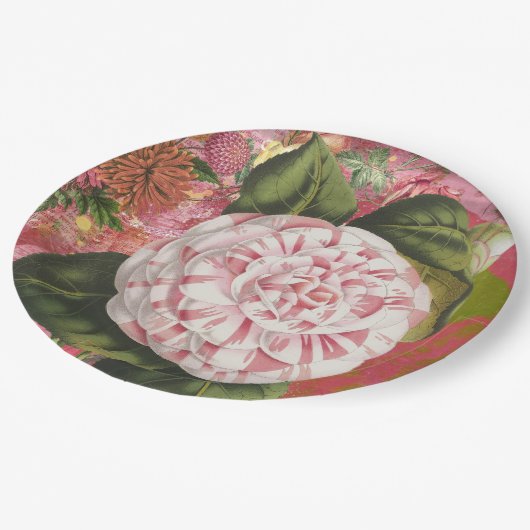 ヴィンテージエレガントカメリアフローラコラージュ ペーパープレート (アングル)