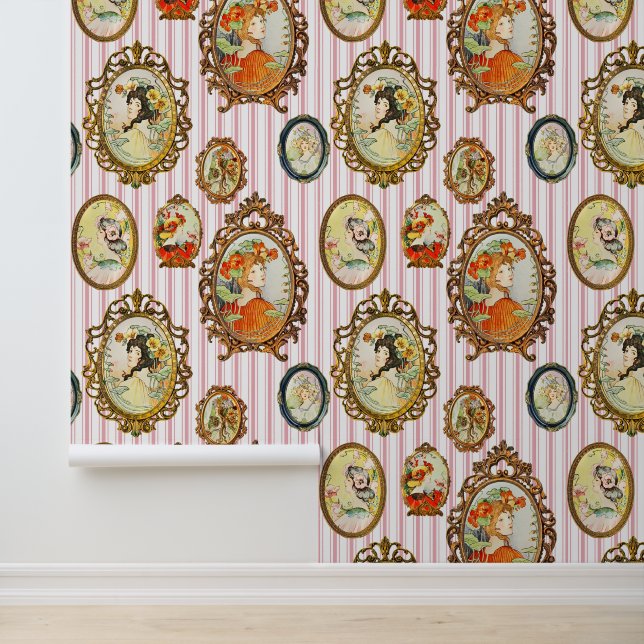 ヴィンテージエレガントガールポートレートフラワーピンクストライプの色 壁紙 (アプリケーション)