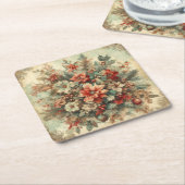 ヴィンテージエレガントクリスマスの花 スクエアペーパーコースター (アングル)
