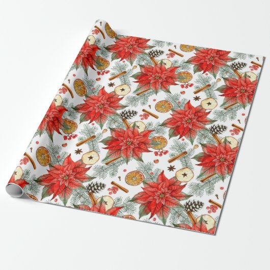 ヴィンテージエレガントクリスマスウォーターカラーポインセチア ラッピングペーパー (アンロールド)