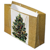 ヴィンテージエレガントクリスマスツリーと金ゴールドグリッター ラージペーパーバッグ (正面アングル)