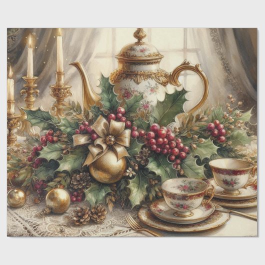 ヴィンテージエレガントクリスマスティーポットと緑 ラッピングペーパー (フラット)