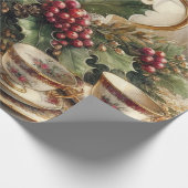 ヴィンテージエレガントクリスマスティーポットと緑 ラッピングペーパー (角)