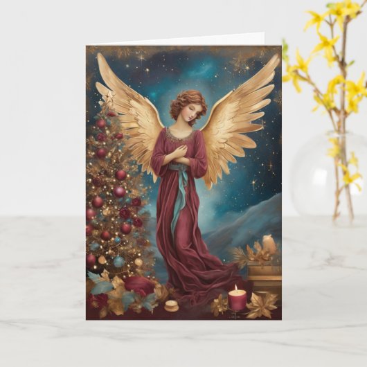ヴィンテージエレガントクリスマスパーソナライズされた天使 カード (黄色い花)