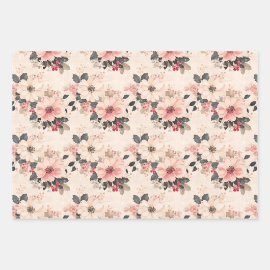 ヴィンテージエレガントクリスマスフローラ&ベリーピンク ラッピングペーパーシート (正面3)