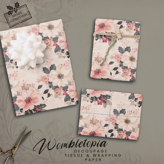 ヴィンテージエレガントクリスマスフローラ&ベリーピンク ラッピングペーパーシート