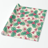 ヴィンテージエレガントクリスマスホリーフローラルパターン | ラッピングペーパー (アンロールド)