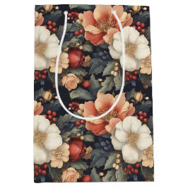 ヴィンテージエレガントクリスマスポインセチア&バラフローラ ミディアムペーパーバッグ