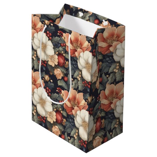 ヴィンテージエレガントクリスマスポインセチア&バラフローラ ミディアムペーパーバッグ (裏面アングル)