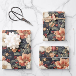 ヴィンテージエレガントクリスマスポインセチア&バラフローラ ラッピングペーパーシート