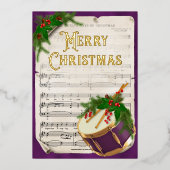 ヴィンテージエレガントクリスマスミュージックドラムパープル 箔シーズンカード (正面)