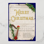 ヴィンテージエレガントクリスマスミュージックハープブルー金ゴールド 箔シーズンカード (正面)