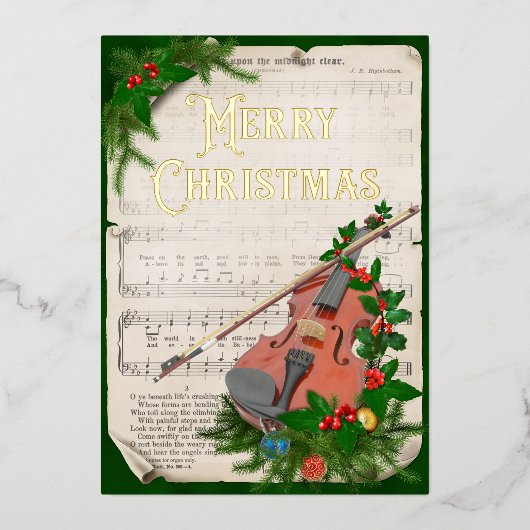 ヴィンテージエレガントクリスマスミュージックヴァイオリングリーン金ゴールド 箔シーズンカード (正面)