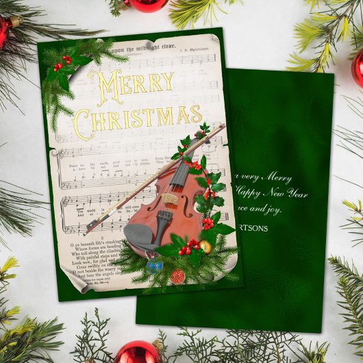 ヴィンテージエレガントクリスマスミュージックヴァイオリングリーン金ゴールド 箔シーズンカード