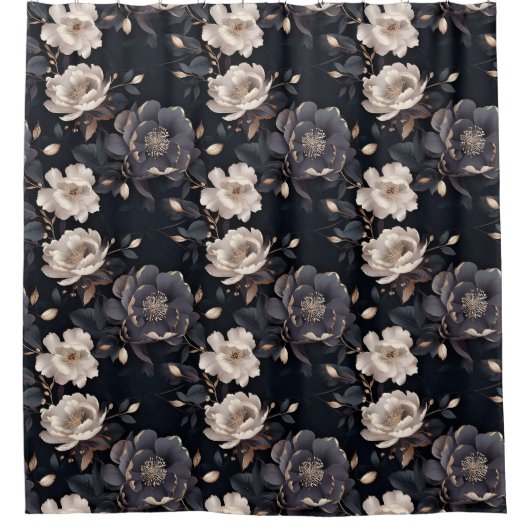 ヴィンテージエレガントクリームと黒牡丹フローラ シャワーカーテン (正面)