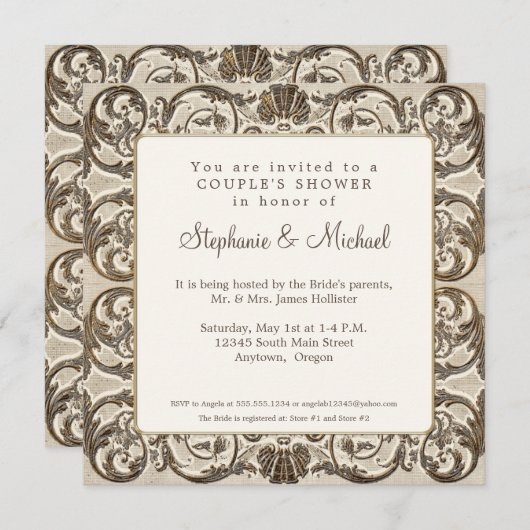 ヴィンテージエレガントクリームn金ゴールドシェルカップルシャワー 招待状 (正面/裏面)
