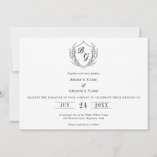 ヴィンテージエレガントクレスト白黒結婚写真 招待状 (裏面)