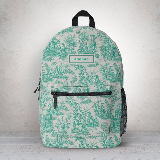 ヴィンテージエレガントグリーンターコイズトワルドジュイ プリントバックパック