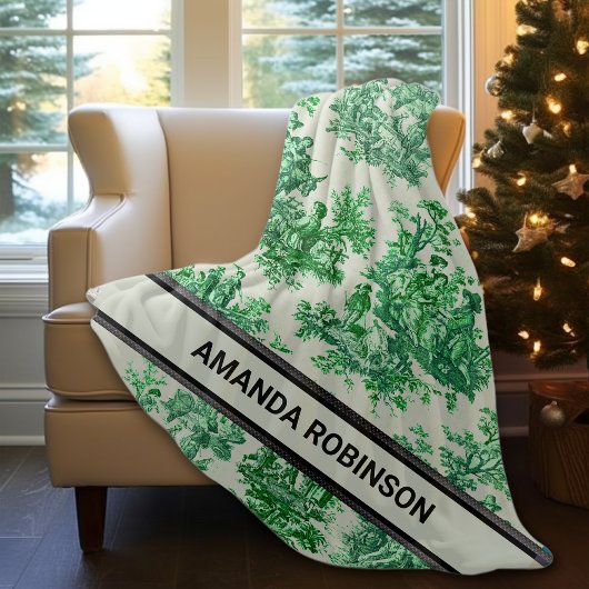 ヴィンテージエレガントグリーントイレデジュエモノグラム フリースブランケット