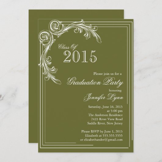 ヴィンテージエレガントグリーン卒業パーティー招待状 招待状 (正面/裏面)