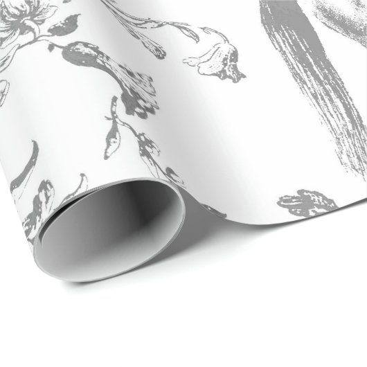 ヴィンテージエレガントグレー白馬花パターン ラッピングペーパー (ロールコーナー)