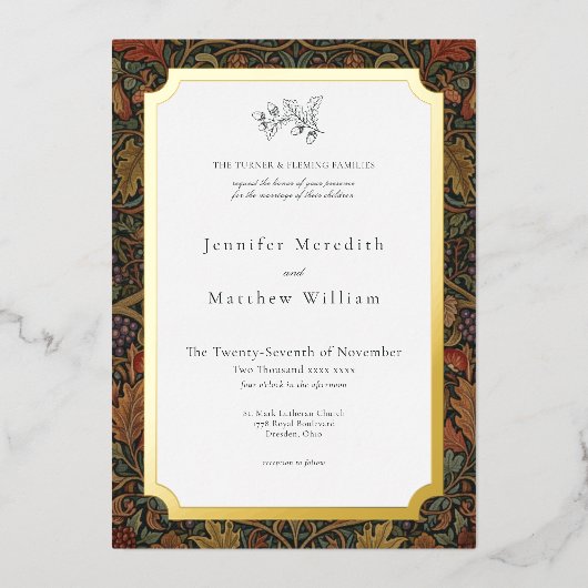 ヴィンテージエレガントコテージ植物学秋の結婚式 箔招待状 (正面)