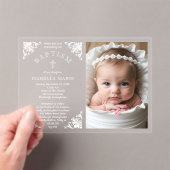 ヴィンテージエレガントコーニス赤ちゃん女の子の写真バプテスマ アクリル招待状 (インサイチュ (ポータブル))