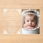 ヴィンテージエレガントコーニス赤ちゃん女の子の写真バプテスマ アクリル招待状 (正面)