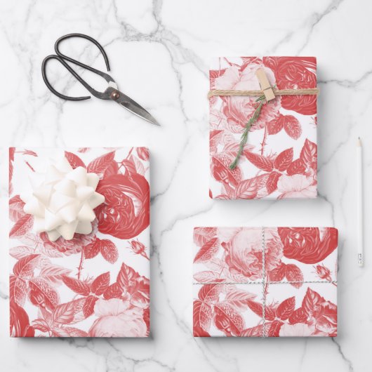 ヴィンテージエレガントコーラルピンクローゼスフローラトワール ラッピングペーパーシート (正面)